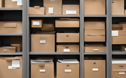 Regal mit beschrifteten Kisten