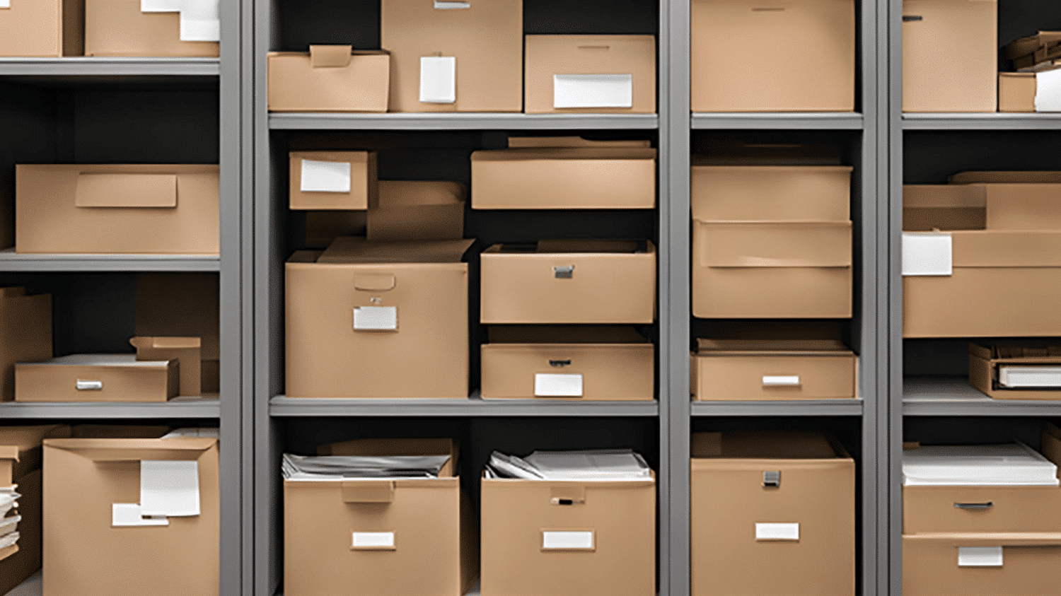 Shelf with labeled boxes