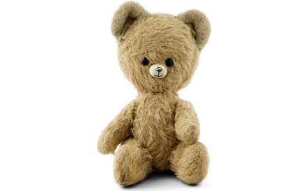 Sitzender Teddybär mit großem Kopf und kleinem Gesicht