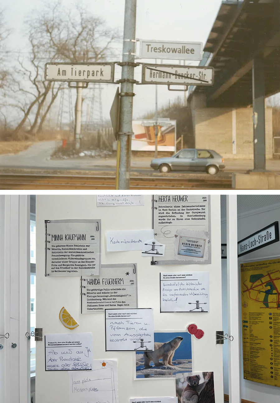 Straßenschilder in Berlin an Laternenmast. Oberhalb das neue Straßenschild, unterhalb das alte Schild mit überklebter Bezeichnung